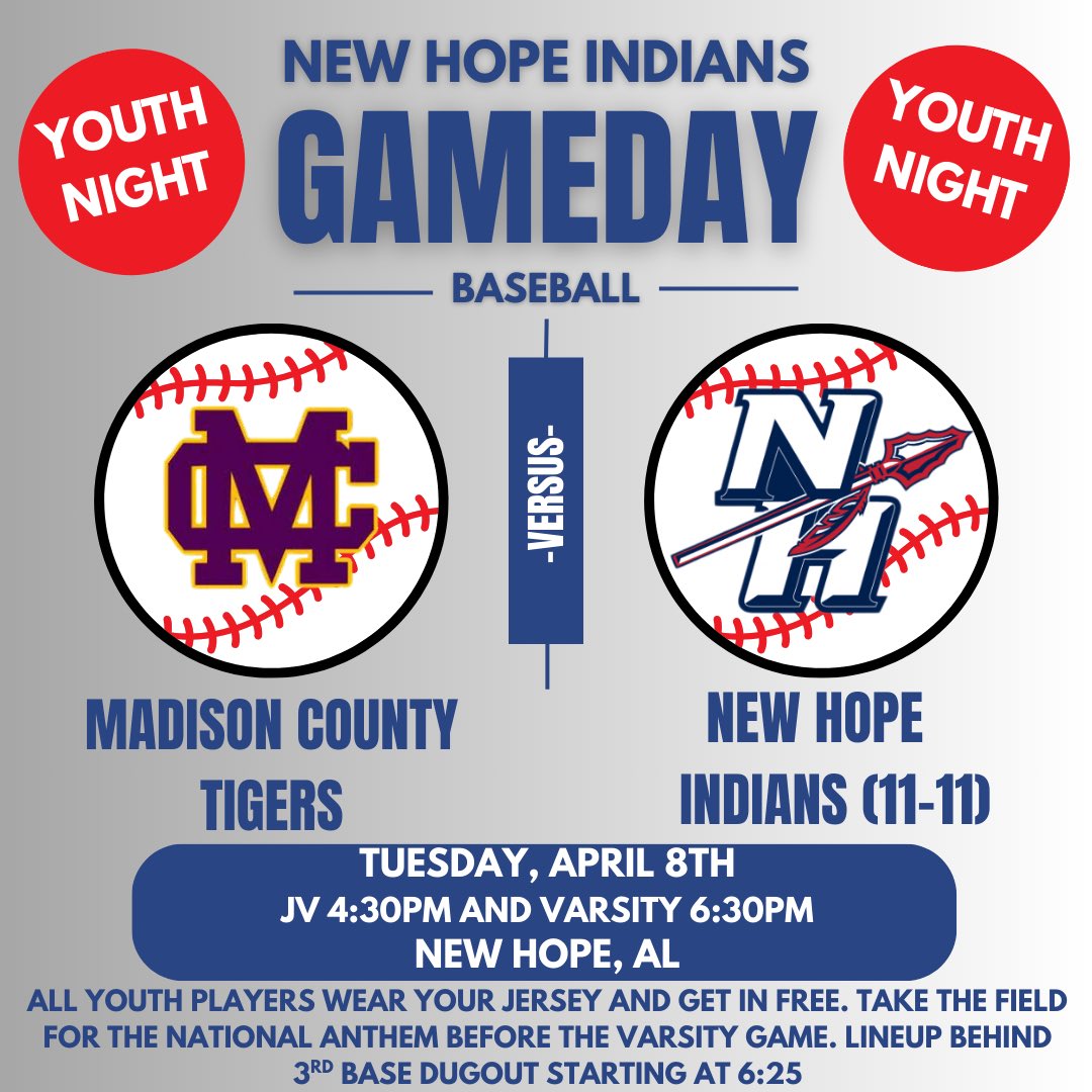 New Hope HS Baseball (@newhopehsbaseb1) on Twitter photo AREA GAMEDAY
π Madison County
ποΈ New Hope High School
π New Hope, AL
β° JV 4:30 / Varsity 6:30
ποΈ S2 Pass or Cash at gate
πΊ web.gc.com/teams/jhAiRhopβ¦
<a href="/NHHS_Indians/">New Hope High School</a> <a href="/MCSSAthletics/">MCSS Athletics</a> AREA GAMEDAY
π Madison County
ποΈ New Hope High School
π New Hope, AL
β° JV 4:30 / Varsity 6:30
ποΈ S2 Pass or Cash at gate
πΊ web.gc.com/teams/jhAiRhopβ¦
<a href="/NHHS_Indians/">New Hope High School</a> <a href="/MCSSAthletics/">MCSS Athletics</a>