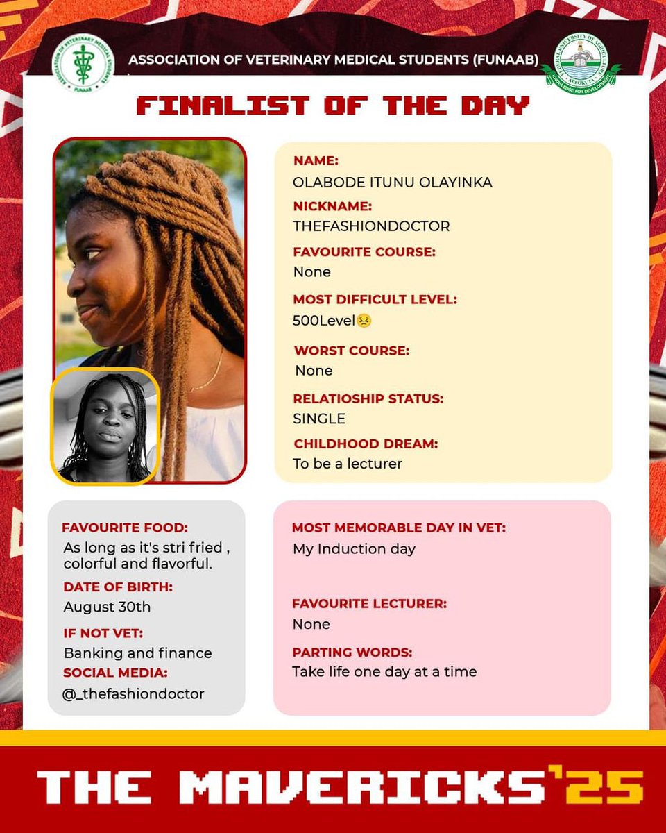 dvm_25_Funaab's tweet photo. Congratulations, Student Dr. Ìtùnú — The Fashion Doctor! 🎓🔥
Itunu's that classmate who's always bursting with joy, laughter, and good vibes — with you, there’s never a dull moment!
An award-winning fashionista with a heart full of sunshine. Seriously, what’s your source of joy? https://t.co/kJkMvnlKWb