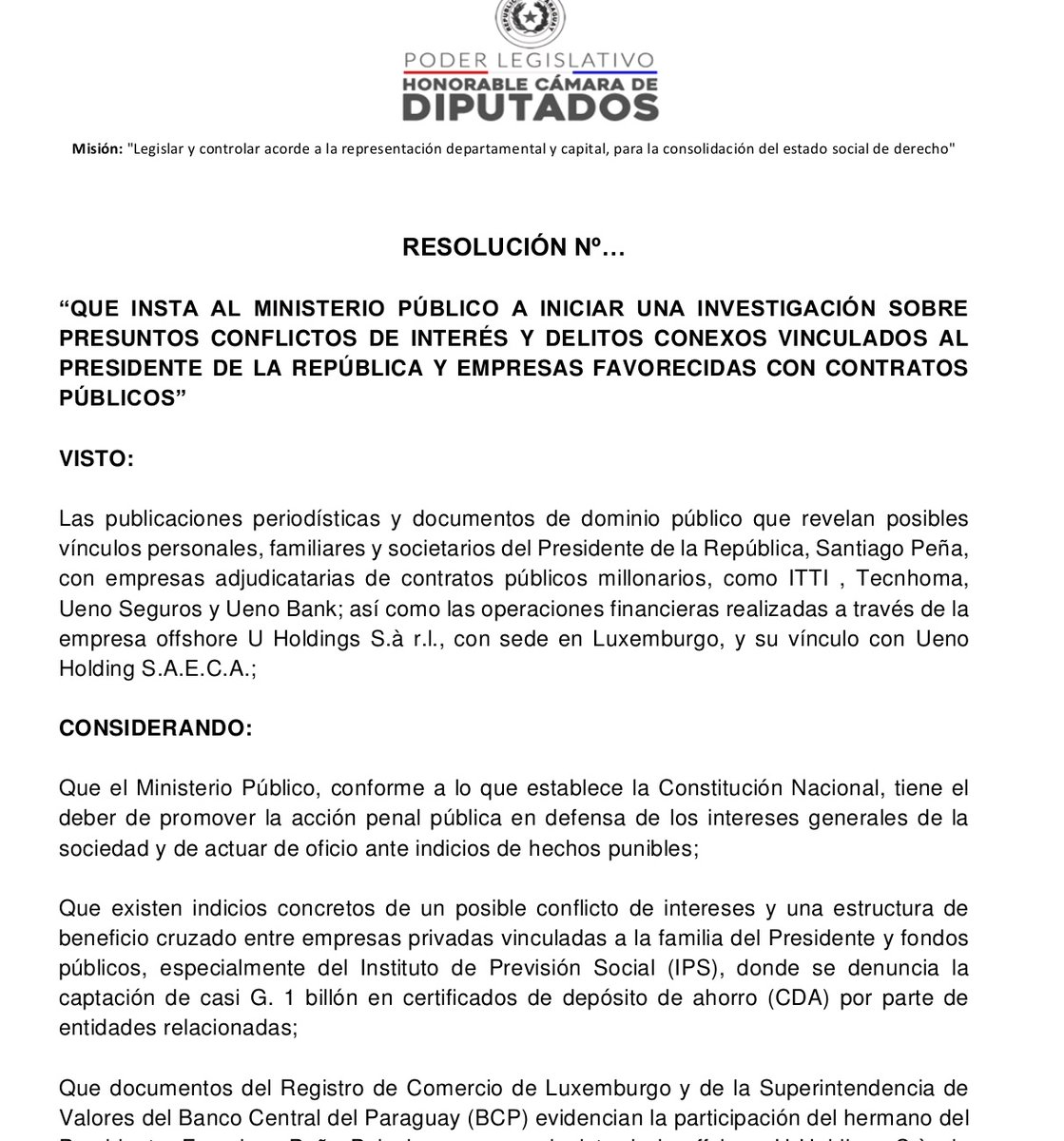 BillyVaesken's tweet photo. En defensa de los intereses generales de la sociedad y del dinero público, presentamos un proyecto "Que Insta al @MinPublicoPy a Iniciar una
 Investigación sobre presuntos Conflictos de Interés y Delitos Conexos Vinculados al Presidente de la República y Empresas Favorecidas con Contratos Publicos."