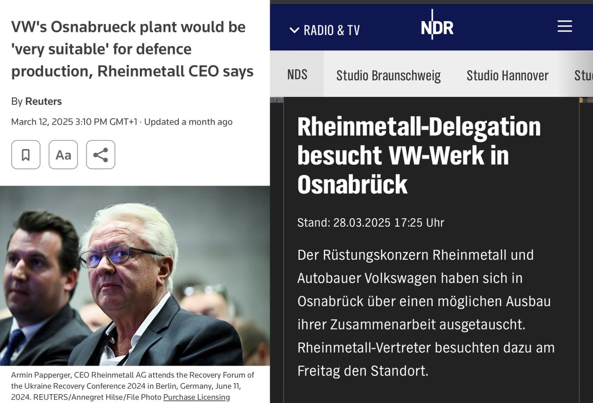 شركة فولكس فاجن VW خلاص بتاخد أول خطوة للمشاركة بمصانعها في التصنيع العسكري الألماني.

الشركة كانت خلاص أخدت قرار قفل مصنع Osnabrück في سنة ٢٠٢٧ بعد الانتهاء من انتاج عربية T-ROC Cabrio والعمال في المصنع كان متأمن شغلهم لغاية ٢٠٢٧ وبعدين هيتسرحوا، لكن تم الشهر الي فات مناقشات مع
