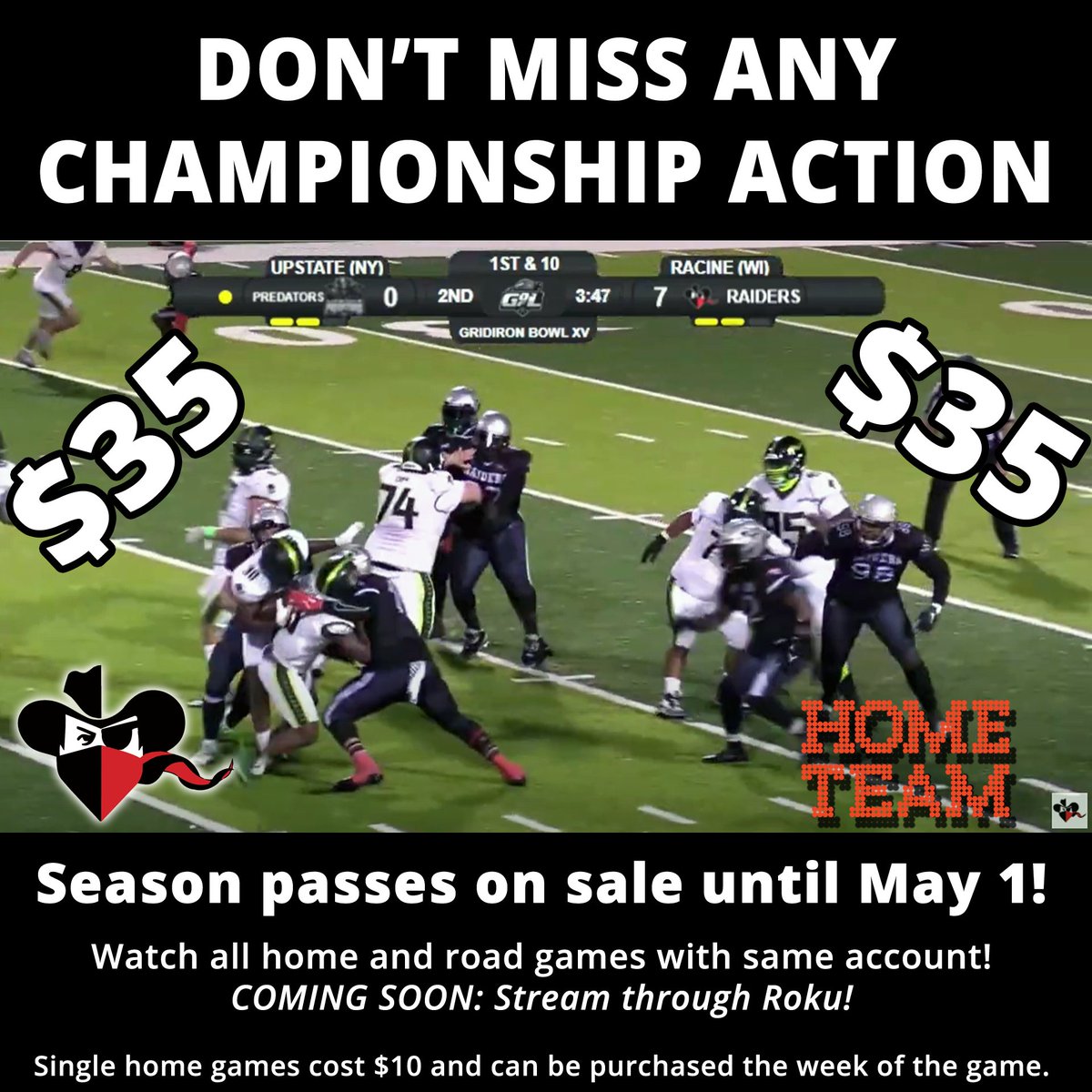 RacineRaiders's tweet photo. Don't miss any action this year! The pass gives you access to all seven regular season home games - a savings of 50%! Plus, you still get all four regular season road games for free.

Go to https://t.co/czC2SjAtMi, click subscribe, and sign up for our annual pass! https://t.co/djBeLhkAiv