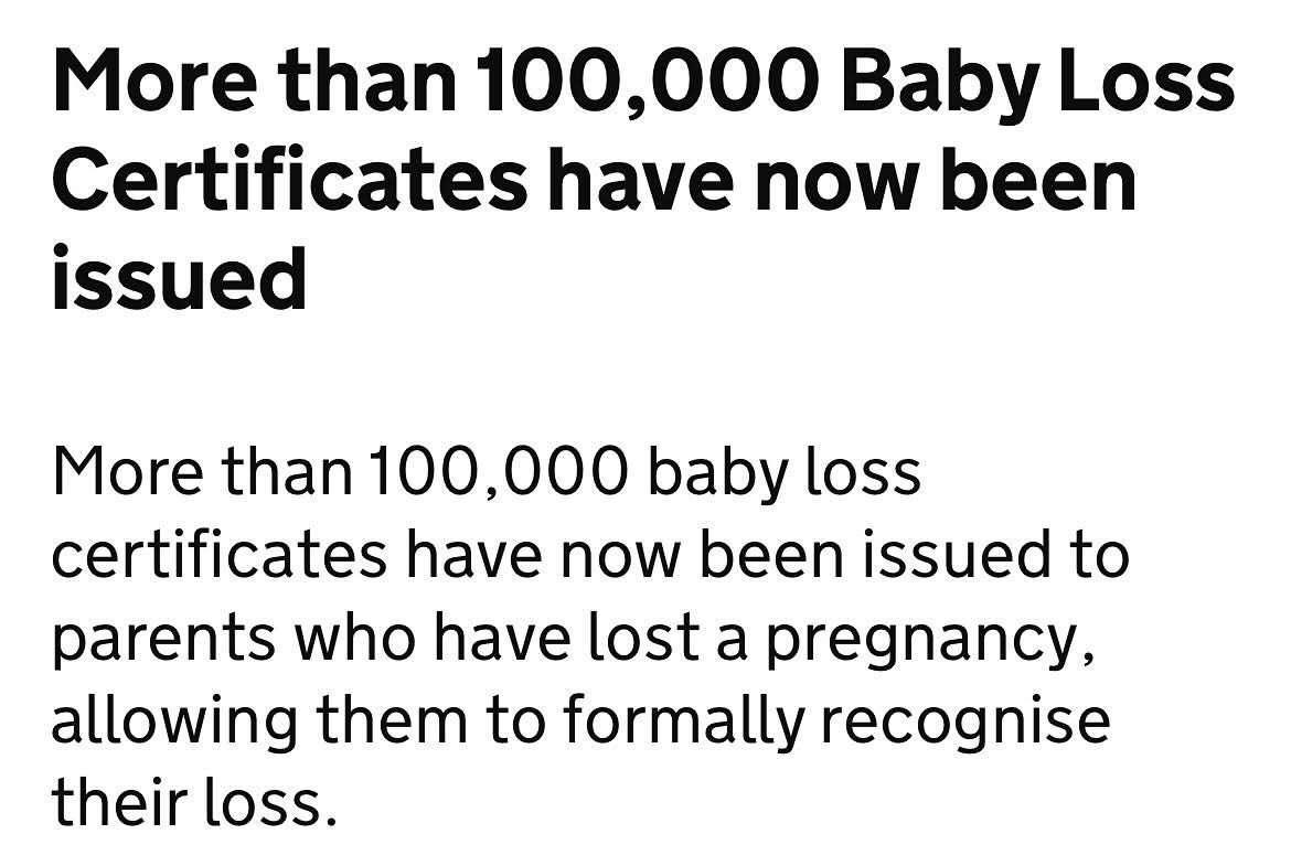 Zoe and I welcome the news that 100,000 baby loss certificates have now been issued in England since Feb 24 following our recommendation  in The Pregnancy Loss Review                                     
To request a certificate please follow this link : gov.uk/request-baby-l…