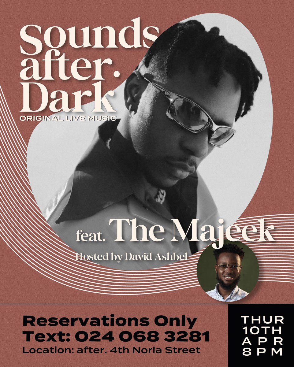Something special is happening this
Thursday night! Join us for Sounds After Dark with the amazing <a href="/themajeek/">The Majeek</a> ,hosted by <a href="/david_ashbel/">David Ashbel</a>  Good music, good vibes, and a cozy atmosphere you don't want to miss.
📍: After 
📆: 10th April 2025
⏱️: 8pm
Text 024 068 3281 to save your seat