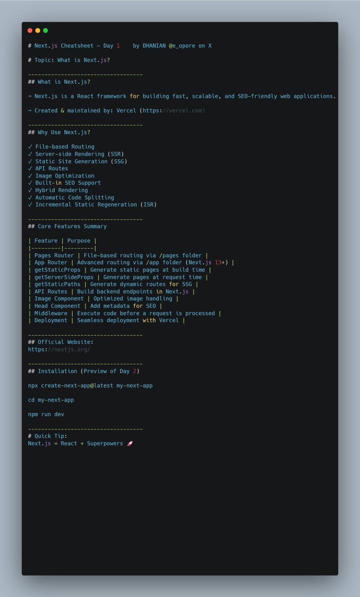 e_opore's tweet image. Day 1 → What is Next.js? Cheatsheet.

Grab this Next.js Handbook notes; codewithdhanian.gumroad.com/l/wxlqb