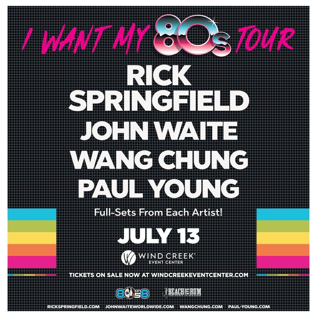 The "I Want My 80's Tour" brings Rick Springfield, John Waite, Wang Chung and Paul Young to Bethlehem on July 13th!

Tickets are going fast! Buy here: bit.ly/4189zTp