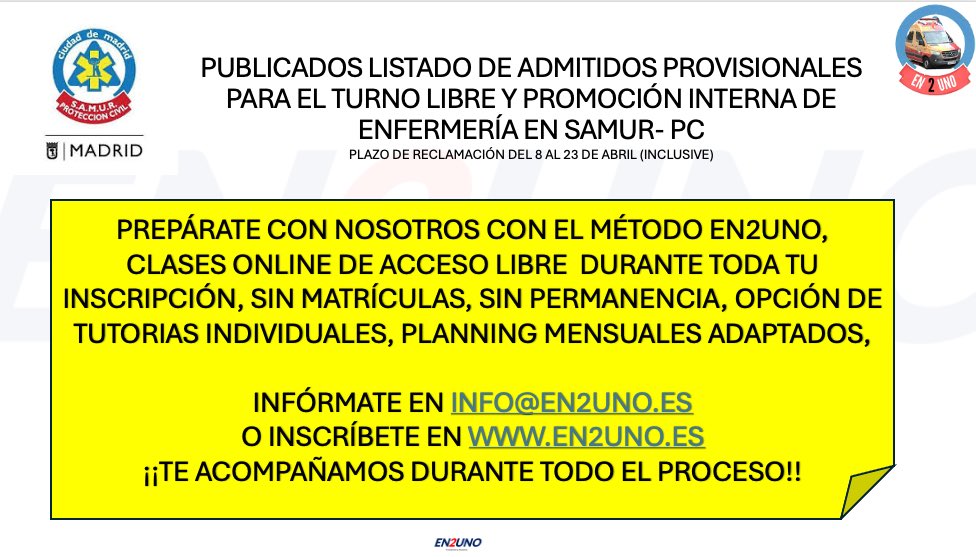 Infórmate y prepárate con nosotros en2uno.es y escríbenos si tienes dudas a info@en2uno.es #SAMUR #enfermeria #oposiciones