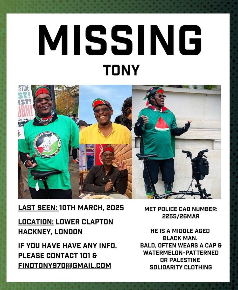 Knox Mulder (@knox_o) on Twitter photo Missing person - Tony Mckenzie - East London
Member of <a href="/gazasunbirds/">gazasunbirds</a>
Last seen: March 10th, Hackney
Please share widely
resharing with alt text
#Alt4You #MissingPerson Missing person - Tony Mckenzie - East London
Member of <a href="/gazasunbirds/">gazasunbirds</a>
Last seen: March 10th, Hackney
Please share widely
resharing with alt text
#Alt4You #MissingPerson