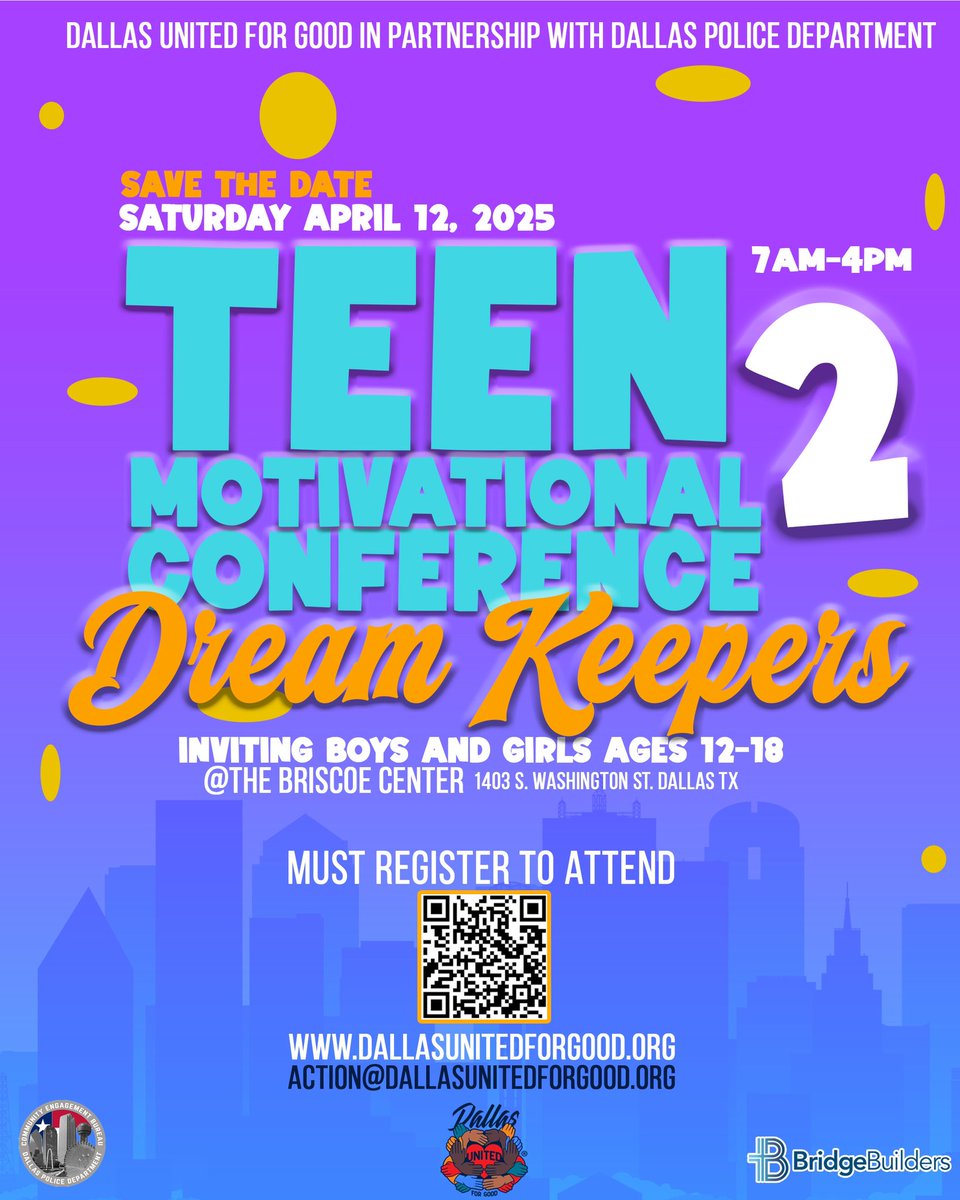 Join us this Saturday at Fair Park from 7am-4pm for our free 2nd Annual Teen Motivational Conference II: Dream Keepers event. Youth ages 12-18 and parents are welcome. Must register to attend.