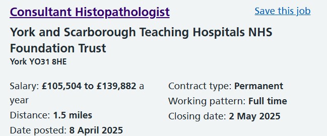We have a vacancy for a Consultant Histopathologist in York; for further details and to apply click here tinyurl.com/4v2ezf7h