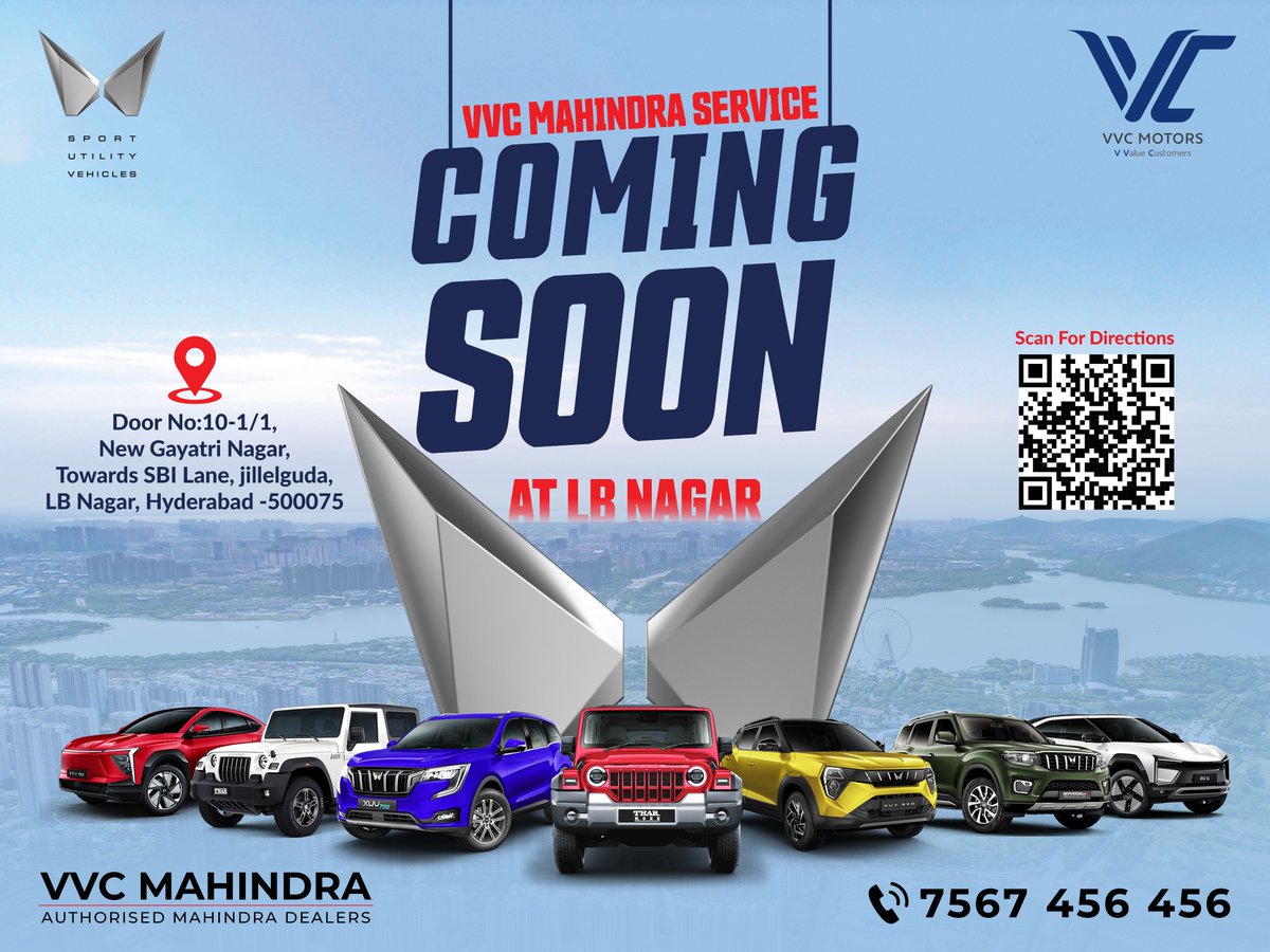 vvc_mahindra's tweet image. #VVCMahindraService is Coming to LB Nagar!
Your trusted #Mahindraservice experience is now getting even closer.

Get ready for expert care, top-notch facilities, &amp;amp; peace of mind—right in your neighborhood.

Call us: 7567456456

#MahindraService #MahindraSUVs #VVCMotors #VVCGroup