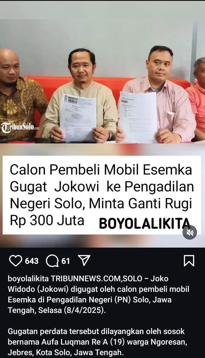 Dhuaaaaarrrrr

Calon Pembeli Mobil ESEMKA gugat JOKOWI Ke Pengadilan Negeri Solo Minta Ganti Rugi 300 Juta........