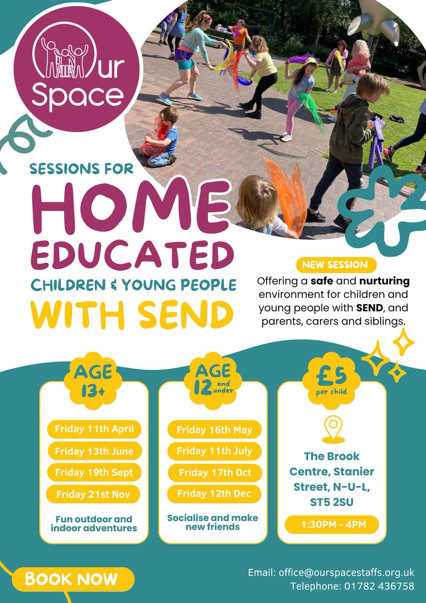 Our Space (Staffs) (@os_staffs) on Twitter photo We are excited to tell you that we will be running some new sessions for Home Educated Children with SEND, plus their parents, carers and siblings.
If you would like more information, or would like to book on to a session, please email us on office@ourspacestaffs.org.uk We are excited to tell you that we will be running some new sessions for Home Educated Children with SEND, plus their parents, carers and siblings.
If you would like more information, or would like to book on to a session, please email us on office@ourspacestaffs.org.uk