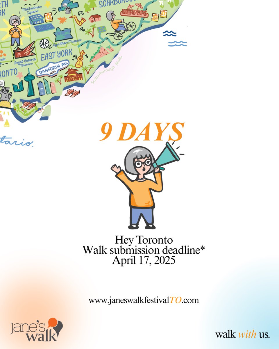 JanesWalkTO's tweet image. 🚨 Only 9 days left to submit your walk for this year’s #JanesWalk festival in Toronto!
Got a story, route, or idea to share? Now’s the time.
📅 Deadline: April 17, 2025
🔗 janeswalkfestivalTO.com
#WalkWithUs #Janeswalk