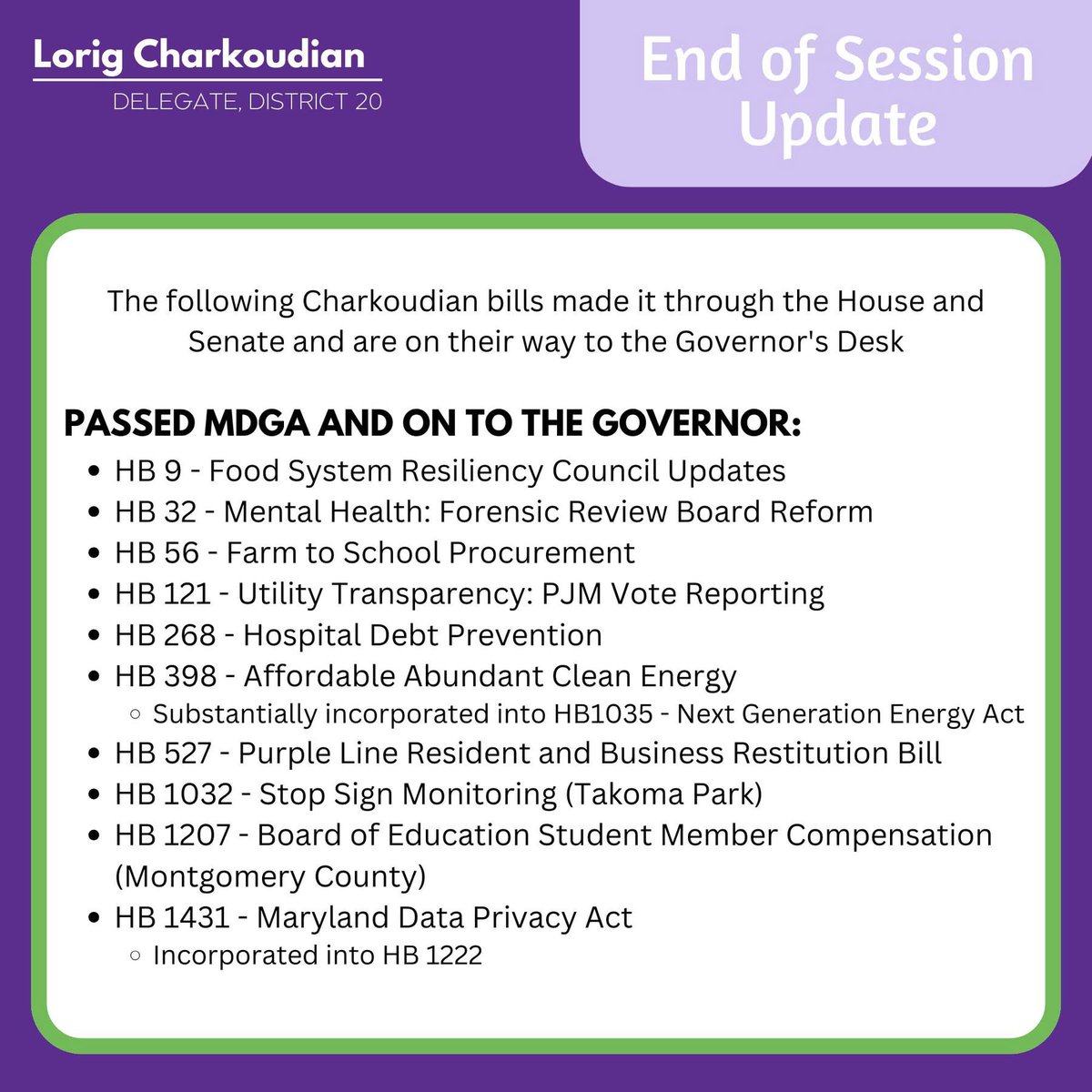 LCharkoudian's tweet image. #mdga25 is a wrap. Here is a quick look at the bills I introduced that will become law. More comprehensive summaries to come. #Working4MD