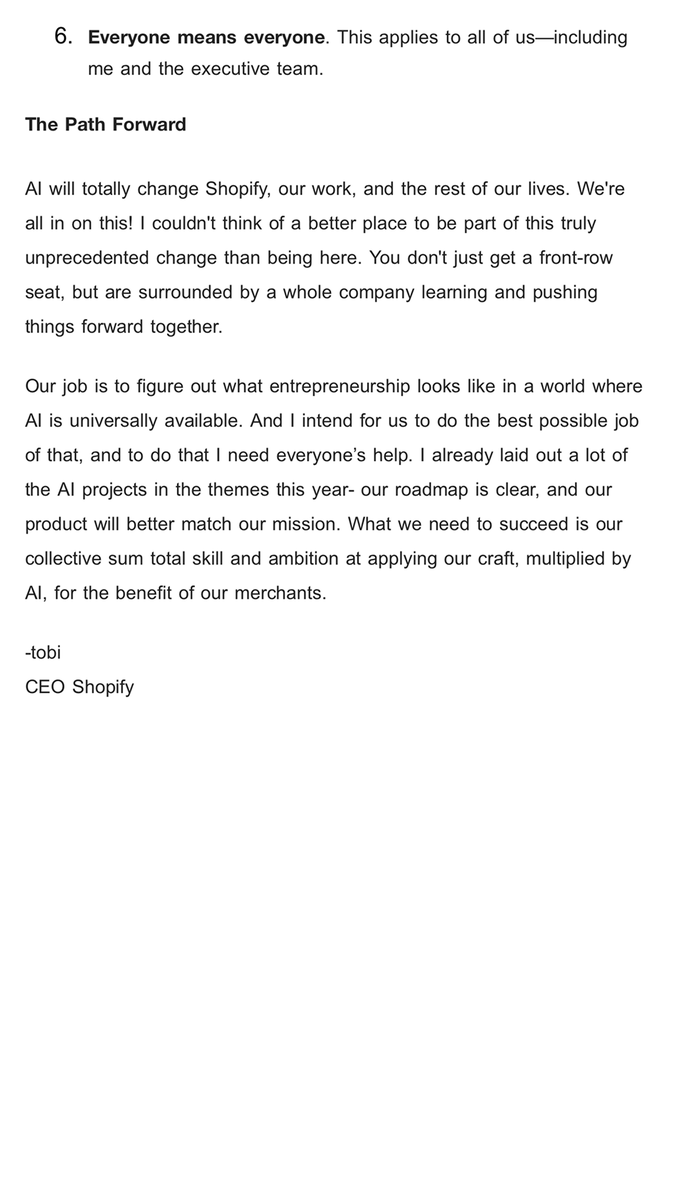 Shopify’s leaked AI memo exposed their playbook on AI - and it's fascinating! 

I decoded it into 7 universal AI principles for any business:

1️⃣ AI proficiency is now essential for every business
Every industry is being transformed by AI. To stay competitive, businesses must