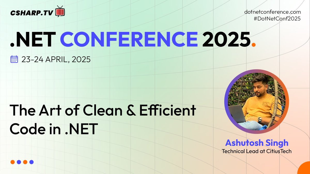 CSharpDotTV's tweet image. Good code is readable.
Great code is clean, efficient, and future-proof.
Learn how to write Clean Code in .NET with @singh_ashutoah at #DotNetConf2025.
🗓 April 23–24, 2025
💡 Register now: dotnetconference.com
#DotNetConference #DOTNET #CleanCode #dotnetdev