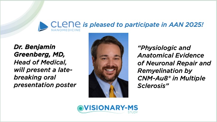Clene Nanomedicine (@clenenano) on Twitter photo TODAY Dr. Ben Greenberg of <a href="/CleneNano/">Clene Nanomedicine</a> will present on “Physiologic and Anatomical Evidence of Neuronal Repair and Remyelination” by #CNMAu8 in #multiplesclerosis at #AANAM 2025! See you tonight at the Late-breaking Science 2 Session on Tuesday, April 8, 5:45 p.m. and at Poster 3! TODAY Dr. Ben Greenberg of <a href="/CleneNano/">Clene Nanomedicine</a> will present on “Physiologic and Anatomical Evidence of Neuronal Repair and Remyelination” by #CNMAu8 in #multiplesclerosis at #AANAM 2025! See you tonight at the Late-breaking Science 2 Session on Tuesday, April 8, 5:45 p.m. and at Poster 3!