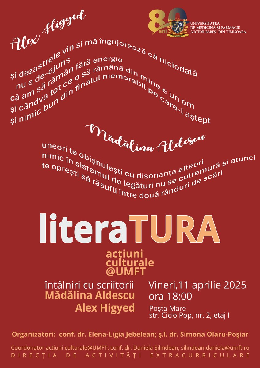 ✍️ Înscrierea prealabilă este recomandabilă și se face prin completarea acestui formular 👇 
docs.google.com/forms/d/e/1FAI…

🎓 Persoană de contact, Director Program Activități Extracurriculare, conf. dr. Daniela Șilindean: 
📨 silindean.daniela@umft.ro

ℹ️ umft.ro/ro/5-literatur…