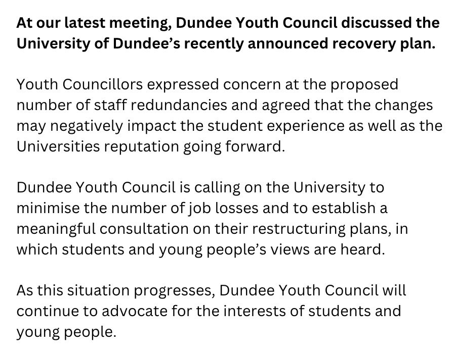 At our latest meeting, Dundee Youth Council discussed the University of Dundee’s recently announced recovery plan. 

We will continue to advocate for the interests of students and young people.