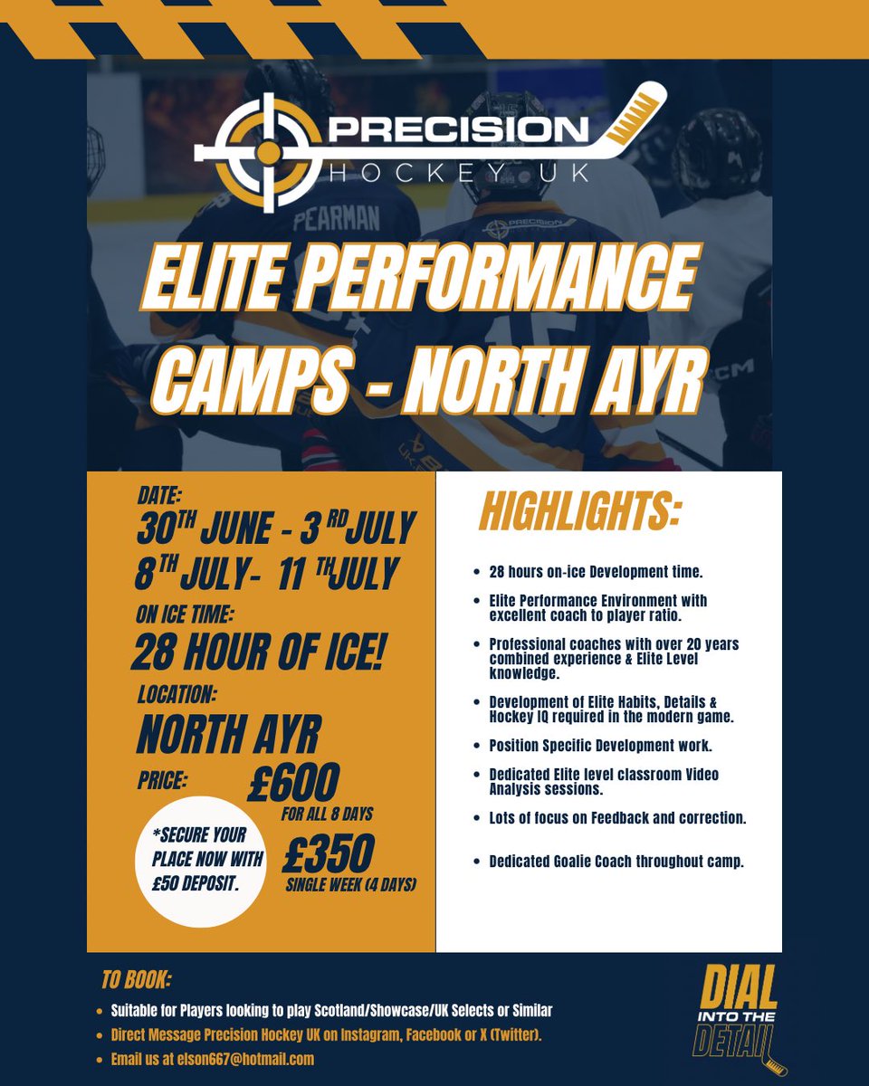 28 HOURS OF ICE! 

We are excited to announce these Elite Performance camp weeks in North Ayr. 

Days will be mixture of 8am and 9am starts. finishing approx 2.30pm. 

This will be a great opportunity to get your game to the next level as you look ahead to the new season.