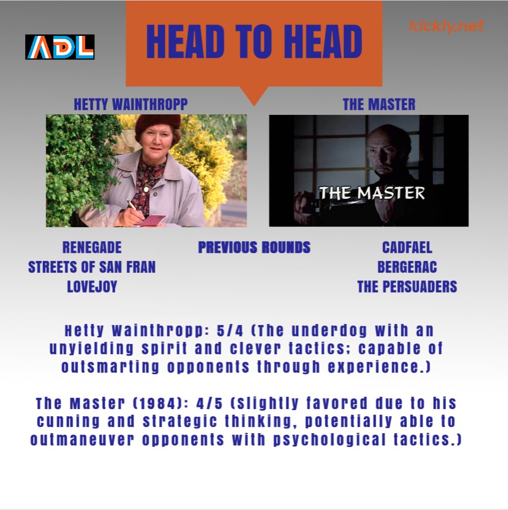AliDooLalli's tweet photo. Back on at 2pm today. Semi Final 2 gives us a titanic battle between two wise &amp; terrifying crime fighters, #HettyWainthropp and #TheMaster.   Also, today's Children's TV themes sees #Wildtrack vs #Runaround and #Ulysses31 vs #SavedByTheBell https://t.co/ZIZi28cJQi https://t.co/sLYkPa54tK