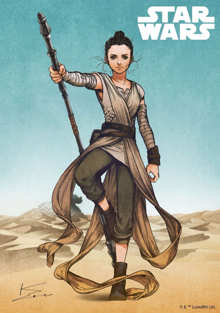 reyloversum's tweet image. Character Illustrations of Rey and Kylo Ren statues by manga/comic book cover artist Kamome Shirahama