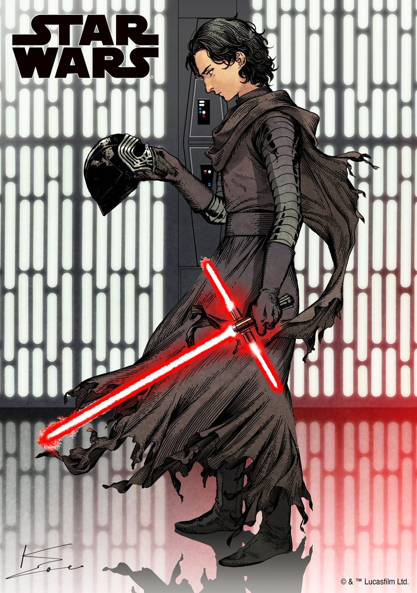 Character Illustrations of Rey and Kylo Ren statues by manga/comic book cover artist Kamome Shirahama