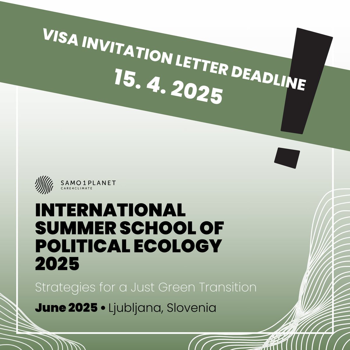❗𝟭 𝘄𝗲𝗲𝗸 𝗿𝗲𝗺𝗮𝗶𝗻𝗶𝗻𝗴 𝗳𝗼𝗿 𝗩𝗜𝗦𝗔 𝗮𝗽𝗽𝗹𝗶𝗰𝗮𝘁𝗶𝗼𝗻𝘀

The Summer School of Political Ecology is fast approaching, and the deadline for applications for participants requiring visa invitation letters is 

📆 15. 4. 
🔗 tinyurl.com/applysummersch…

Don't miss out!