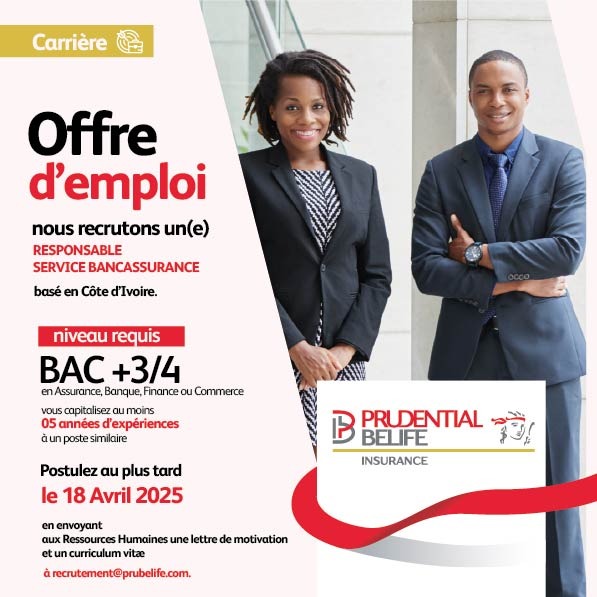 Prudential Belife (@prudentialb) on Twitter photo Prudential Belife Insurance recrute un(e) Responsable Service Bancassurance !
Lieu : CI | Exp : 5 ans+
Envie de relever le défi ?
Envoyez CV + LM à : recrutement@prubelife.com avant le 18 avril.
#EmploiCI #Bancassurance #Recrutement Prudential Belife Insurance recrute un(e) Responsable Service Bancassurance !
Lieu : CI | Exp : 5 ans+
Envie de relever le défi ?
Envoyez CV + LM à : recrutement@prubelife.com avant le 18 avril.
#EmploiCI #Bancassurance #Recrutement