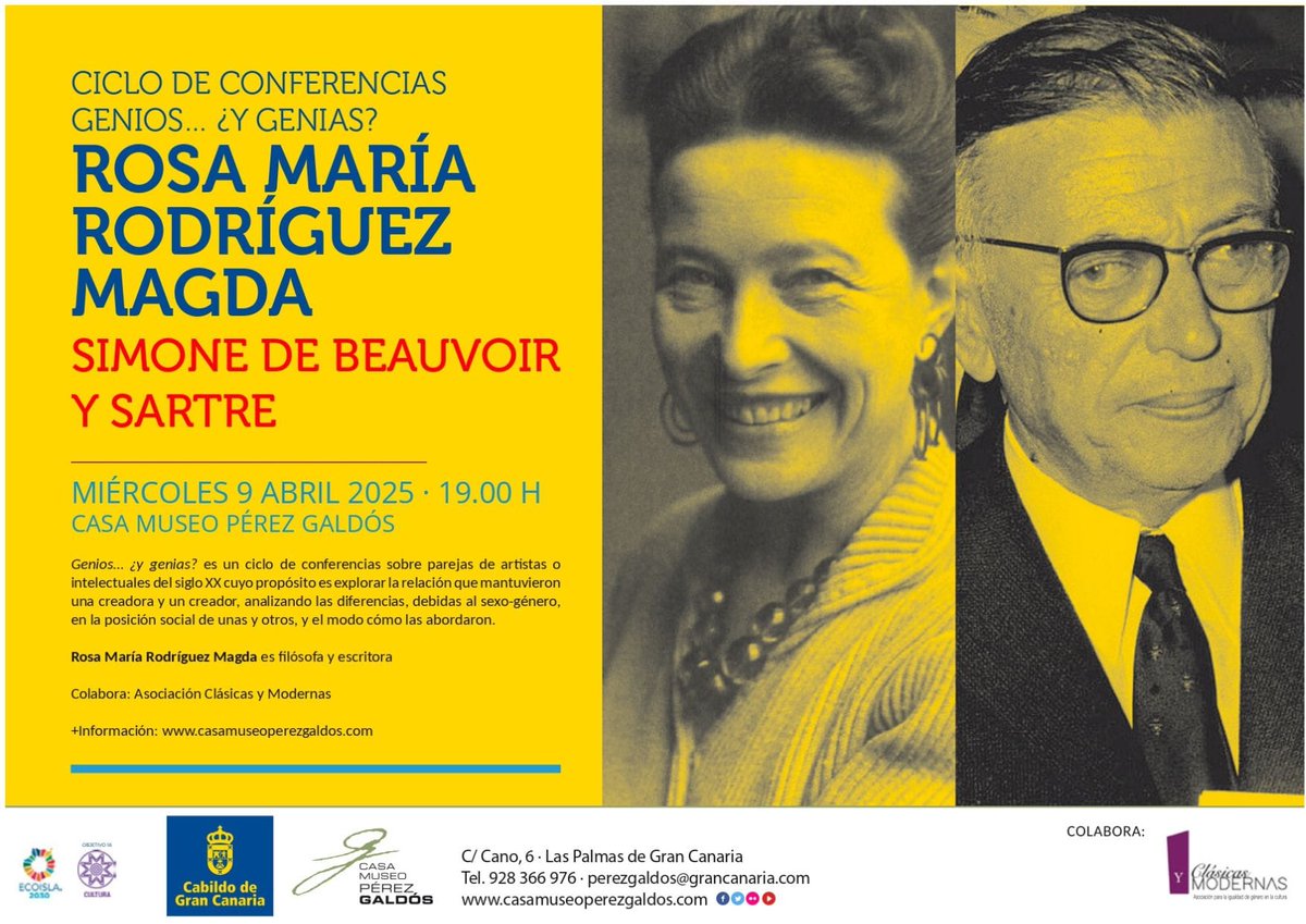Clásicas y Modernas (@cym_tw) on Twitter photo GENIOS Y ¿GENIAS?
Rosa María Rodríguez Magda
Genios ¿y Genias? es un ciclo de conferencias sobre parejas de artistas o intelectuales del siglo XX.
🗓️9 de abril ⏰19h
Casa Museo Pérez Galdós <a href="/cmperezgaldos/">Museo Pérez Galdós</a>
Las Palmas de Gran Canaria
clasicasymodernas.org/events/genios-… GENIOS Y ¿GENIAS?
Rosa María Rodríguez Magda
Genios ¿y Genias? es un ciclo de conferencias sobre parejas de artistas o intelectuales del siglo XX.
🗓️9 de abril ⏰19h
Casa Museo Pérez Galdós <a href="/cmperezgaldos/">Museo Pérez Galdós</a>
Las Palmas de Gran Canaria
clasicasymodernas.org/events/genios-…