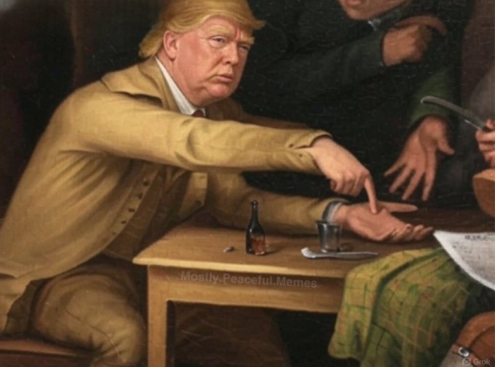 FrogFather's tweet photo. Trump to the rest of the world: 

Fuck you.

Pay me. https://t.co/b7yC8kGLOy