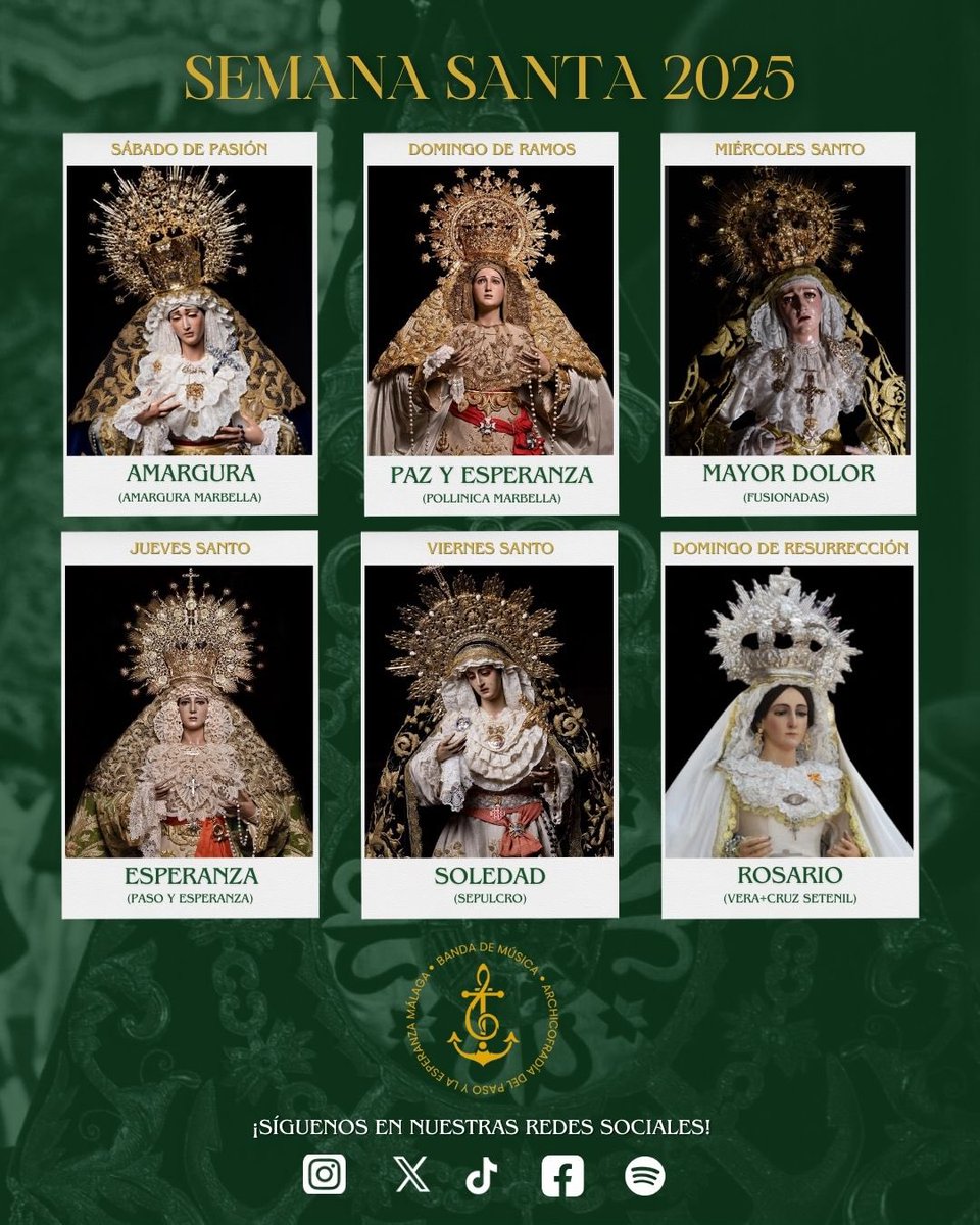 🔊𝐀𝐆𝐄𝐍𝐃𝐀| Os compartimos nuestro calendario de acompañamientos de cara a la Semana Santa 2025.

¡Gracias por la confianza depositada en nuestra música! 💚✨

#BMEsperanza ⚓
#CofradiasMLG