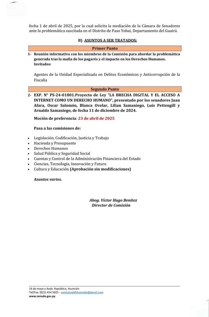 🙋‍♂️Buen día
#Hoy
🕤 08:30 Hs. Martes 8/4/25.
 📖Sesión Ordinaria de la Comision de Derechos Humanos
📍Sala de reuniones de la Comisión Bicameral de Presupuesto.
👉Se estudiará el siguiente orden del día👇 💻 <a href="/SenadoresPy/">SenadoPy</a>