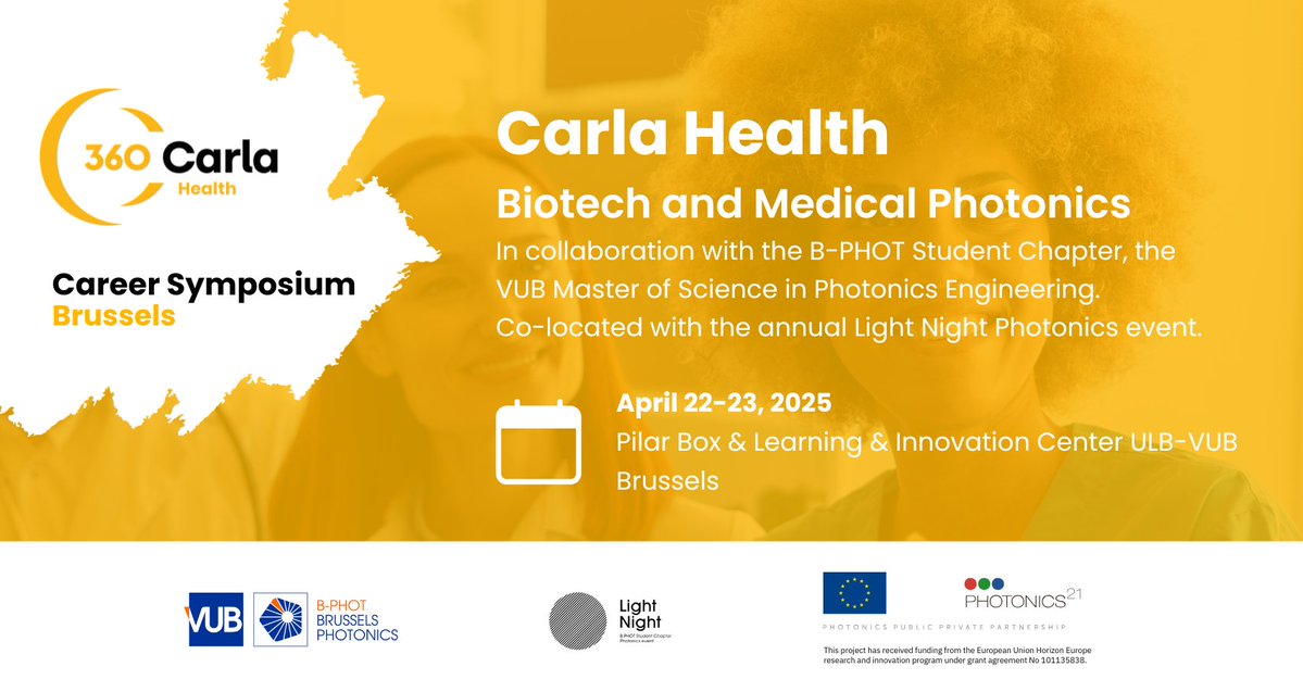 📣 Join the #360CARLA Career Symposium "CARLA Health" in Brussels.

📅 22-23 April, 2025
📍 Pilar Box, LIC Learning &amp; Innovation Center (in-person) &amp; Online
🔗carlahub.eu/events/360-car…

 #carlahub #photonics #health #STEM #students #researchers