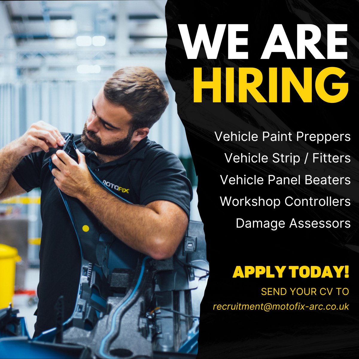 Join our award-winning repair centres! 🌟 Motofix is hiring Vehicle Technicians &amp; Damage Assessors. Enjoy a competitive salary, modern facilities, and career growth! Ready to elevate your career? 

📩 Send your CV to recruitment@motofix-arc.co.uk