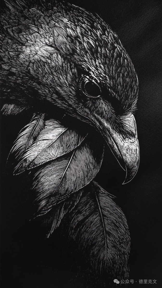 DevinGau's tweet image. Today&apos;s AI Art Daily Term: &quot;Scratchboard Art Style&quot;
A unique art form created by scratching white lines into a black-coated surface, characterized by bold contrast, intricate details, and striking monochromatic textures. #ScratchboardArt #AI #Art