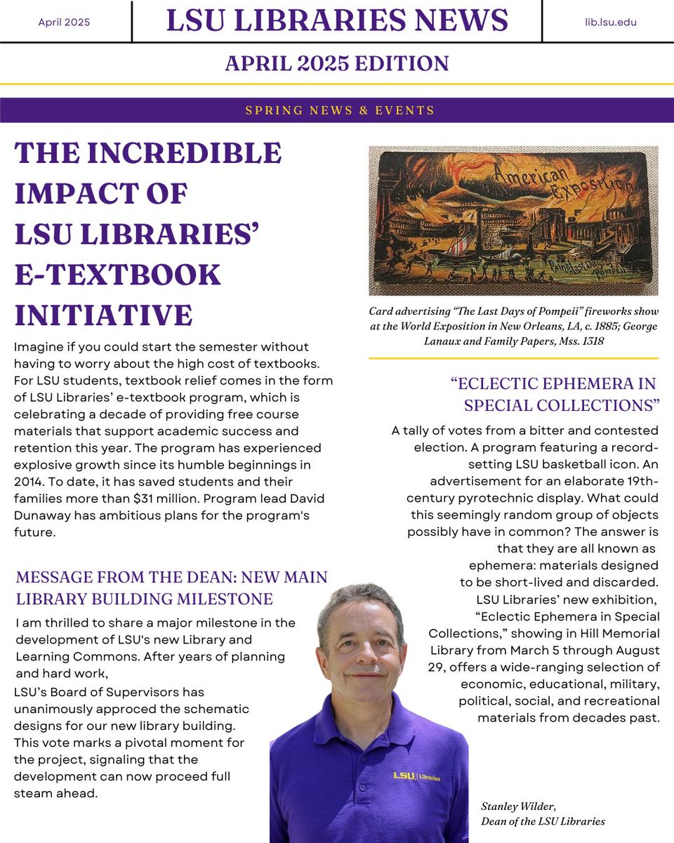 lsulibraries's tweet photo. 📬 The April LSU Libraries e-Newsletter is here!

From the upcoming Friends Book Bazaar to our E-Textbook Initiative, there’s lots to explore—
🏛️ plus a major update from Dean Wilder on the new Library &amp; Learning Commons.

Read it all here: https://t.co/j4Er1qtvWJ #LSULibraries https://t.co/WgAU5Ef07M