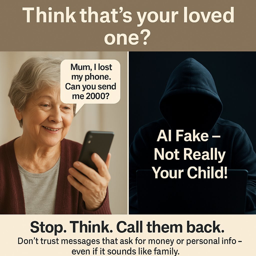 sgtkellscyber's tweet photo. 🛑 STOP! 
Scammers are using AI to make fake voices and videos of your loved ones.
If they ask for money or information, STOP and call to verify.
You can't trust it until you verify! 
❤️ Please share! https://t.co/0yeTDCF2G6