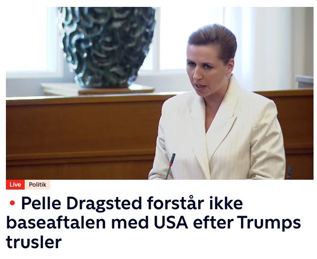 Har netop spurgt statsministeren om ikke Trumps trusler mod Grønland burde være anledning til at aflyse de planlagte Trump-baser i Danmark. 🇩🇰 
De mente hun desværre ikke