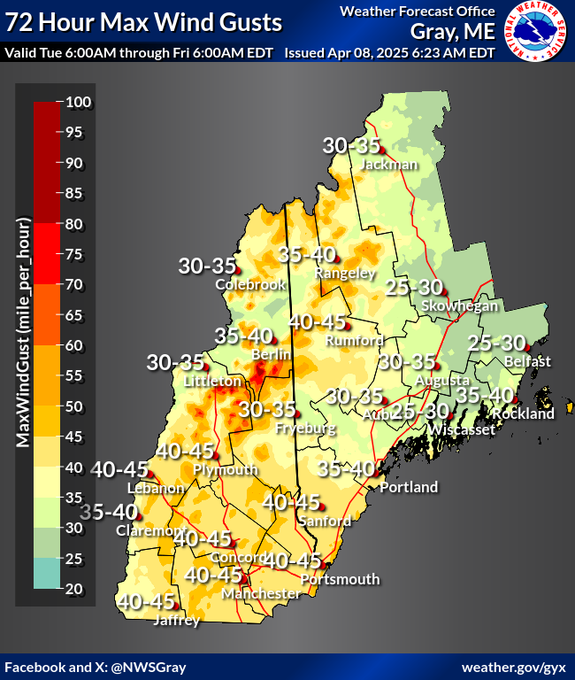 NWSGray's tweet photo. Wet snow turning to gusty winds will make it feel more like winter over the next 24 to 36 hours than spring. Plan for some localize slick travel this evening the further north you go. #mewh #nhwx https://t.co/GRE0g9SRVX