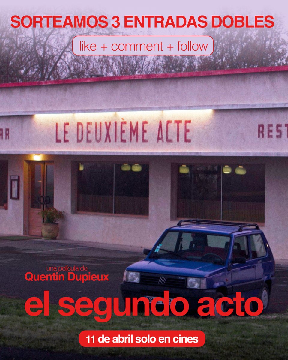 ✨ ¡SORTEO! ✨

¿Te gustaría conseguir entradas en exclusiva para ver el estreno de #ElSegundoActo? 

Participa y consigue un pack de entradas dobles para el estreno de lo nuevo de Quentin Dupieux, una loca meta-comedia que no te dejará indiferente.

Para participar:
🔁 Dale RT a
