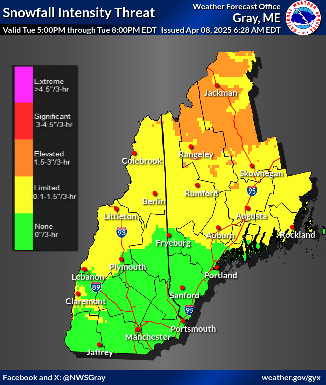 NWSGray's tweet photo. Wet snow turning to gusty winds will make it feel more like winter over the next 24 to 36 hours than spring. Plan for some localize slick travel this evening the further north you go. #mewh #nhwx https://t.co/GRE0g9SRVX