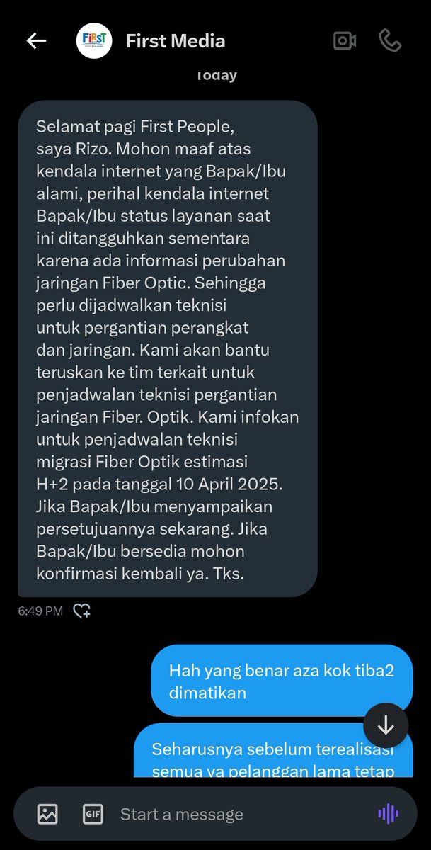 han_sin's tweet photo. @FirstMediaCares Bingung dengan cara kerja kalian. Mendadak diputus sepihak seperti ini. Padahal di email maupun WhatsApp di informasikan mulai tgl 20 april. Hari ini tgl 8 april dan saya sudah isi form untuk kedatangan teknisi di tgl 10. https://t.co/MvUeyjkcYd