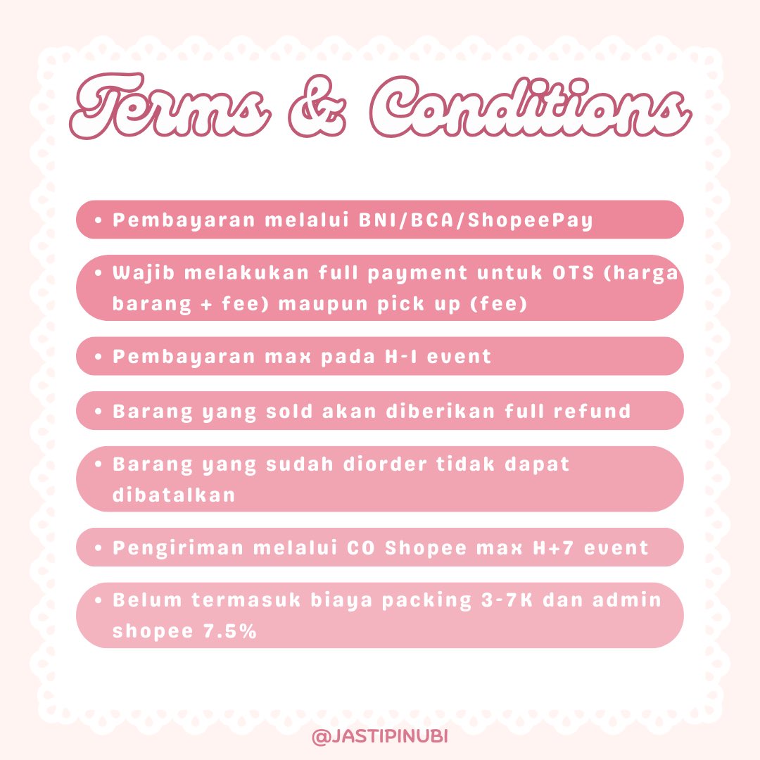 jastipinubii's tweet image. OPEN JASTIP CUPKETS! 𓍢ִ໋🌷͙֒ ᰔᩚ
🗓️ 1 day only (saturday, 19th april 2025)
🏠 tangerang selatan 
🍊 co shopee only
💥 exclude adm shopee and packing
‼️ READ TNC BEFORE ORDER ‼️

dm for more info

t. open jastip jasa titip cupkets