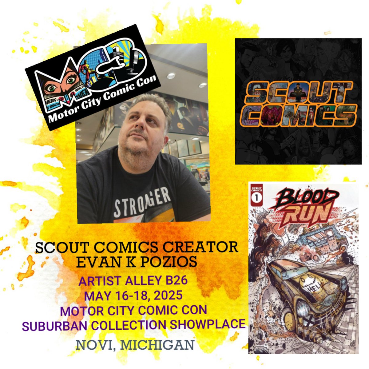 EvanPozios's tweet photo. April showers bring May . . . uh . . Comic Con appearances! ☔️💥
#indie #comics #MC3 #BloodRun
@ScoutComics
@MotCityComicCon https://t.co/bW93CGbfhK
