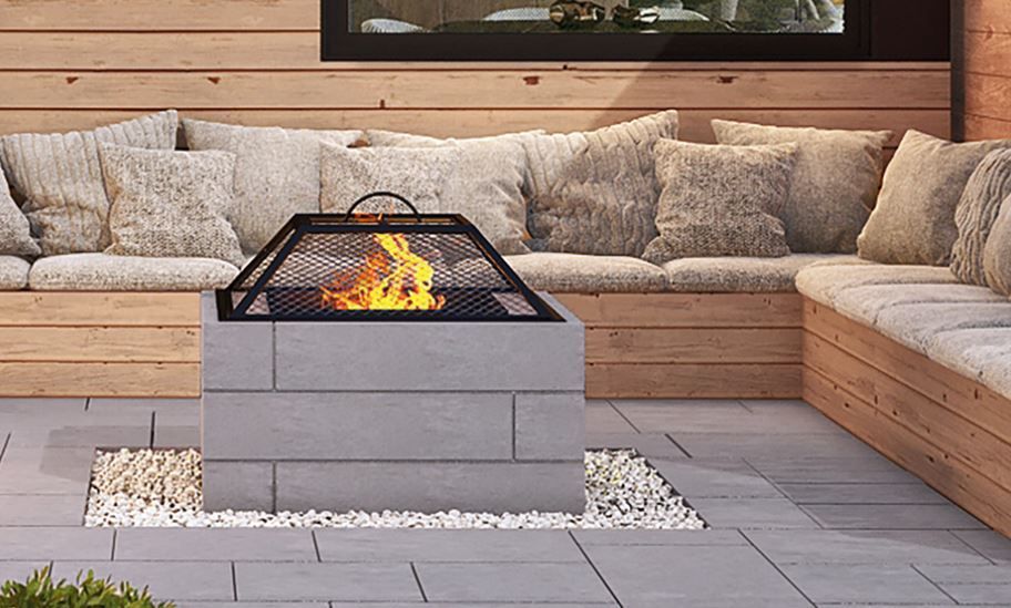 FALL IN LOVE! Design an unforgettable evening that will delight your family &amp; friends. Pro Tip: Try an Orion Firepit by Permacon in Scandina Grey or Amber Beige. This stylish and sleek firepit kit is crafted for easy assembly. Don't forget the spark arrestor! #loveyouroutdoors