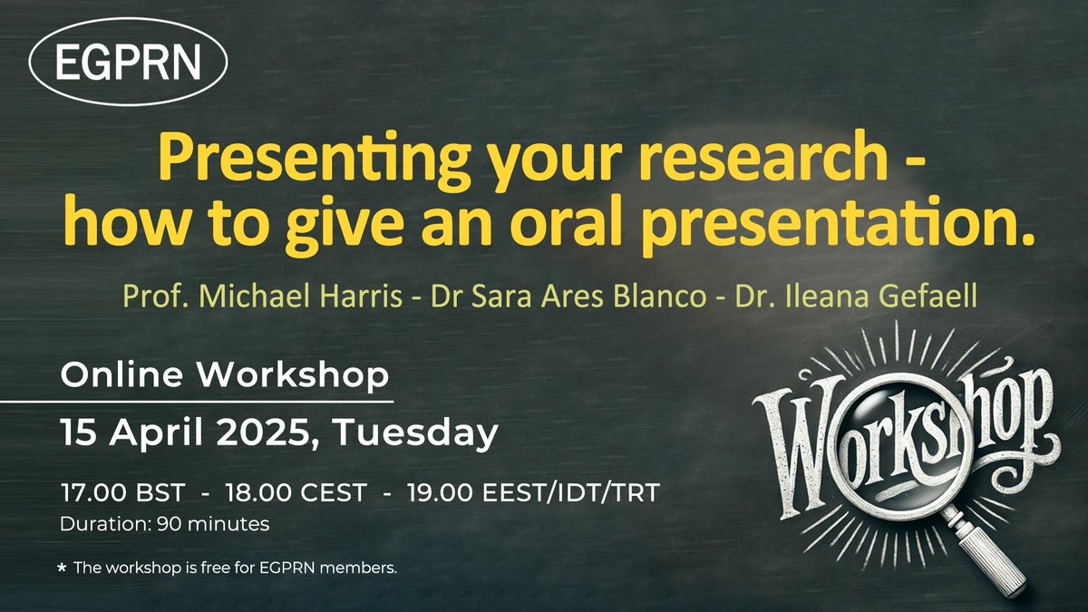 📅 Only 1 Week Left!

Don't miss the EGPRN workshop on How to Give an Oral Presentation – happening on 15th April 2025! This 90-minute session will cover key tips for structuring, designing, and delivering an impactful presentation.

👉 Register now: pnc.ee/P8BDkKA