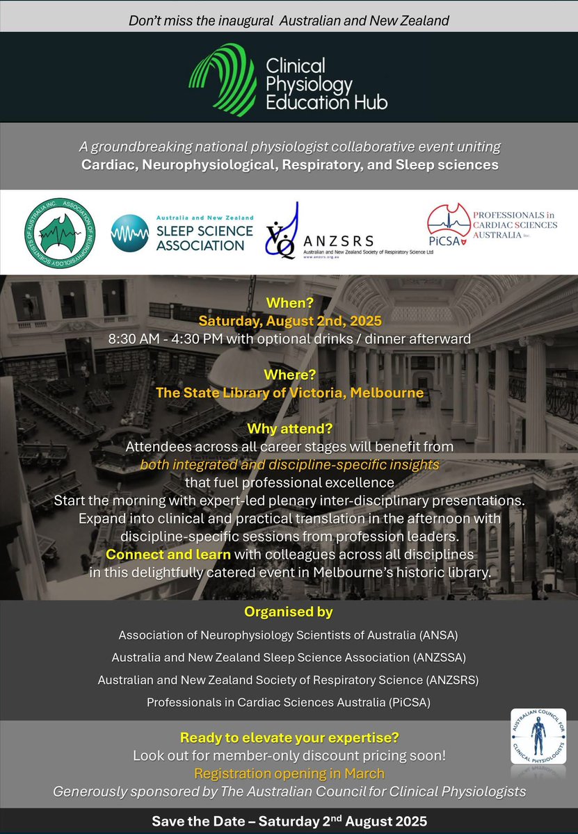 Professionals in Cardiac Sciences Australia Inc (@picsa_au) on Twitter photo Preparations for the inaugural Australia and New Zealand Clinical Physiology Education Hub (ANZCPEH) are well underway.
Tickets will be released in the coming weeks. 
Event details: 
🏛️State Library of Victoria, Melbourne
📅 Saturday 2 August 2025 | 8:30am – 4:30pm Preparations for the inaugural Australia and New Zealand Clinical Physiology Education Hub (ANZCPEH) are well underway.
Tickets will be released in the coming weeks. 
Event details: 
🏛️State Library of Victoria, Melbourne
📅 Saturday 2 August 2025 | 8:30am – 4:30pm
