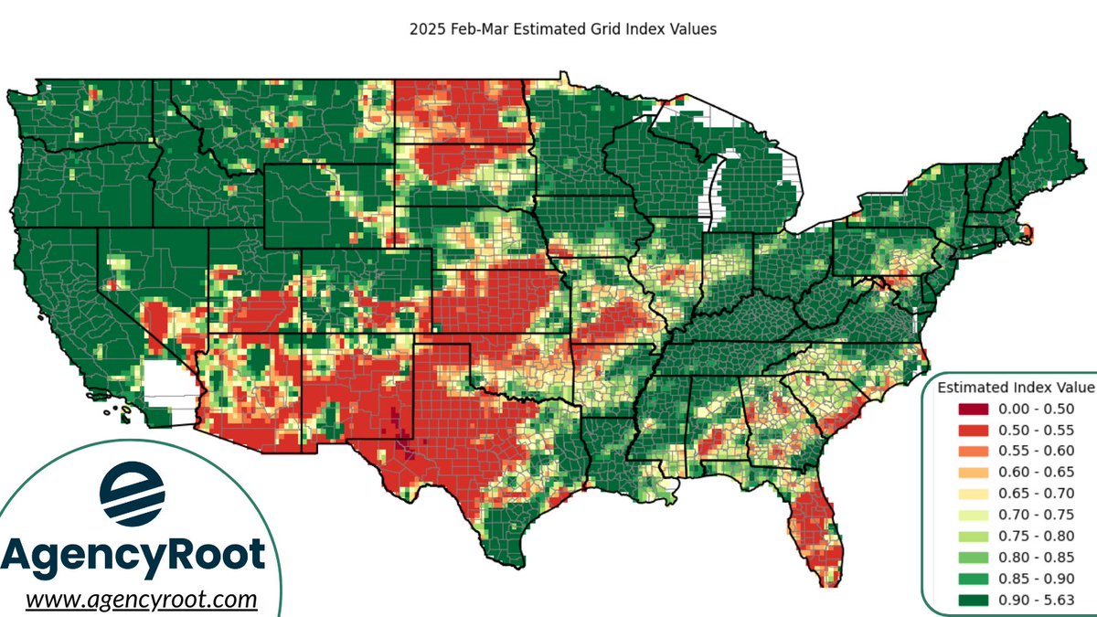agencyroot's tweet photo. 🌞ESTIMATED RAINFALL INDEX MAP

Est Feb-Mar 2025 Interval map is below showing all areas that estimate payments.
🔴🟠= $ at lower coverage levels ☀️
🟡= $ at higher coverage levels 🌦️
🟢= $ at highest coverage levels ⛈️
Darkest Green =❌$

@agencyroot #CropInsuranceSmarter https://t.co/vn505llMmo