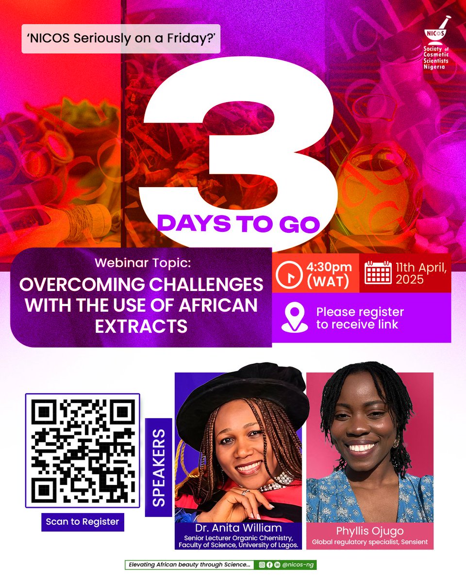 The countdown continues!  
Join us this Friday for NICOS Seriously on a Friday as we explore Overcoming Challenges with African Extracts in cosmetic science.  
Don’t miss out on insights that can transform your formulations!  Register via this link: tix.africa/nicosdiscussaf…